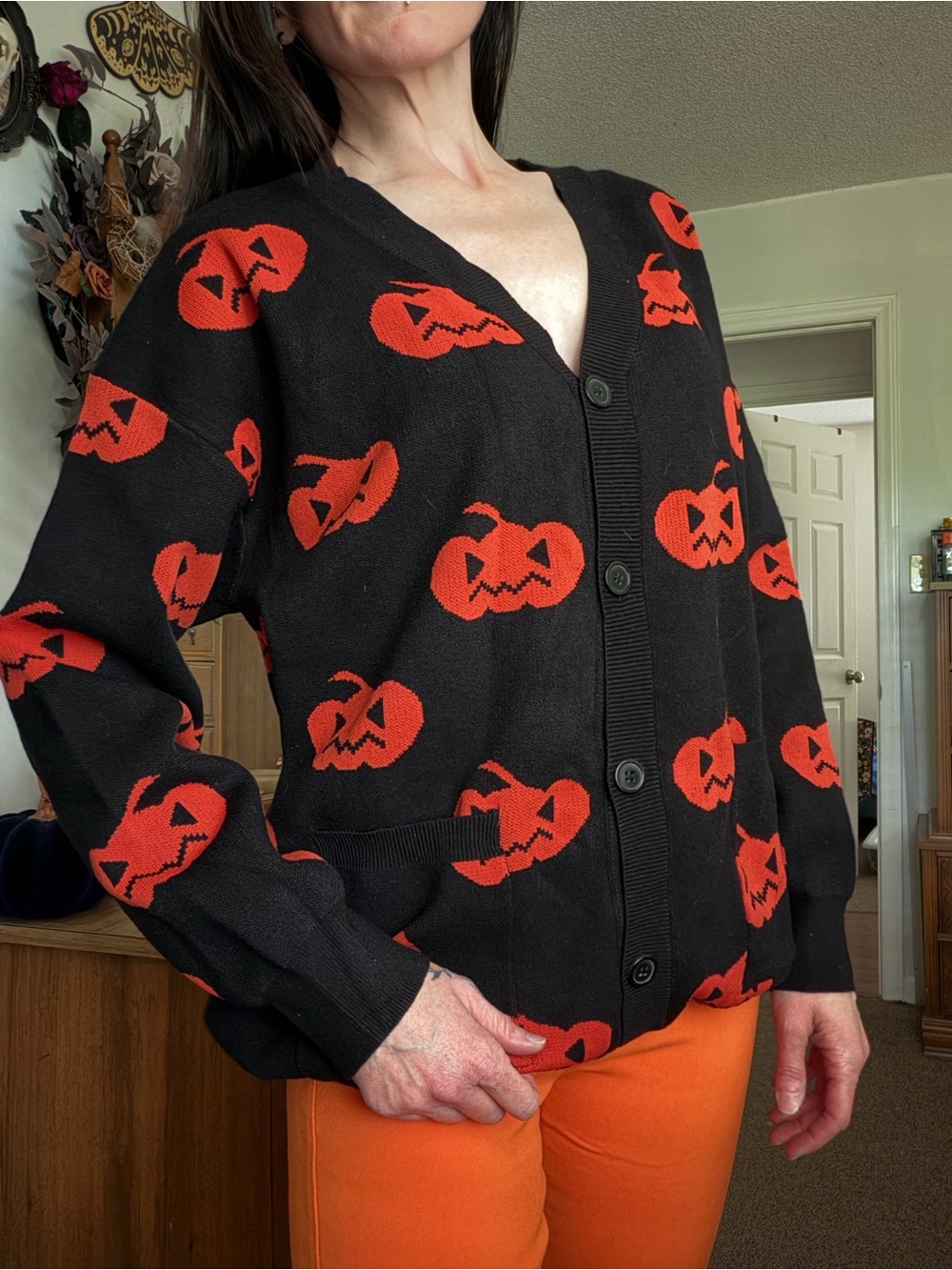 SHEIN Black Cardigan with Orange Pumpkin Motif